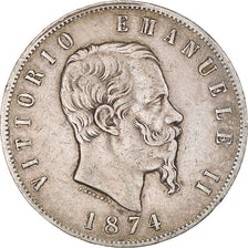 Moneda, Italia, Vittorio Emanuele II, 5 Lire, 1874, Milan, BC+, Plata, KM:8.3