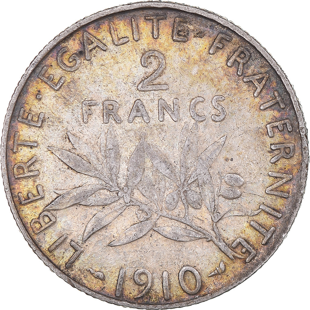 Moneda, Francia, Semeuse, 2 Francs, 1910, Paris, MBC+, Plata, KM:845.1