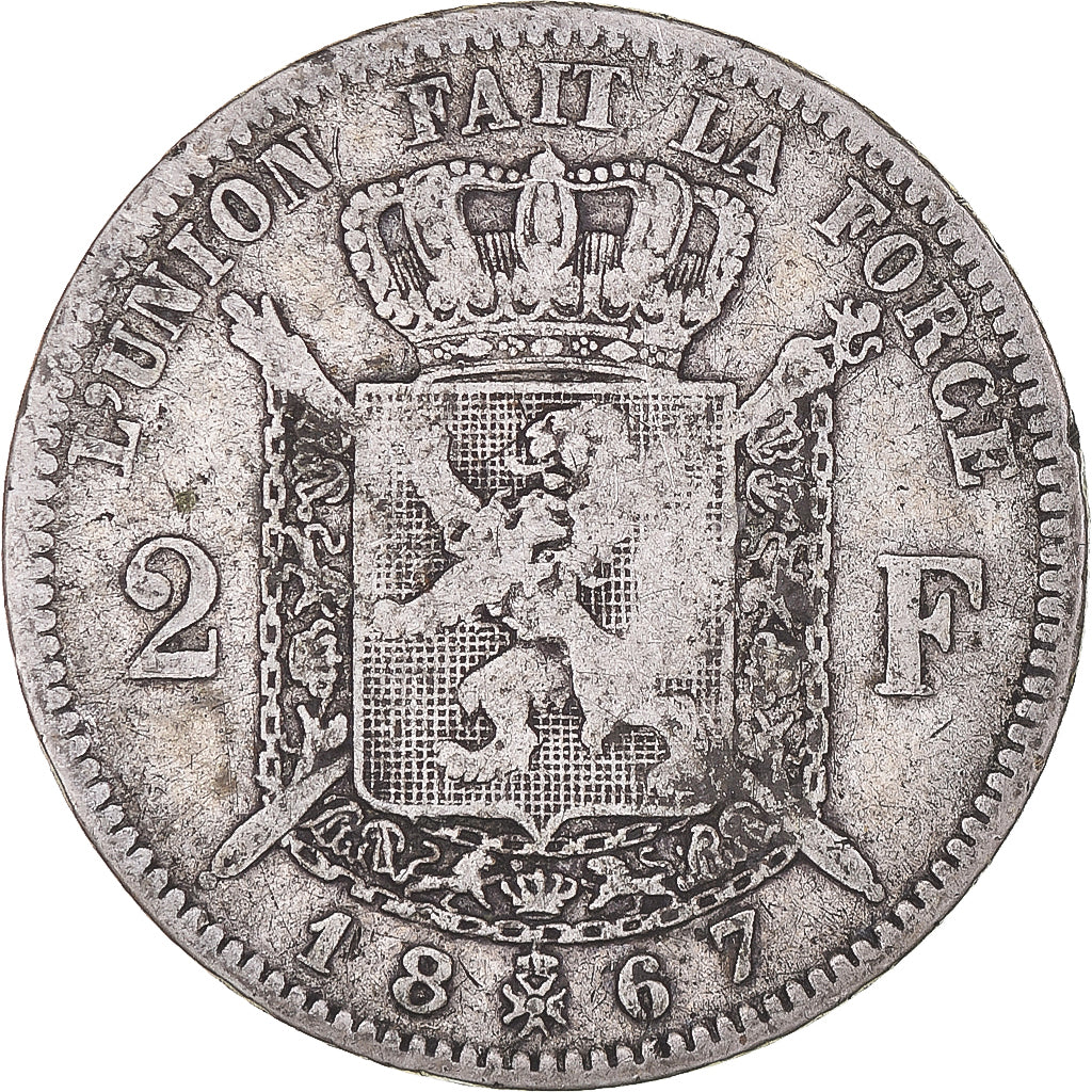 Coin, Belgium, Leopold II, 2 Francs, 2 Frank, 1867, VF(20-25), Silver, KM:30.2