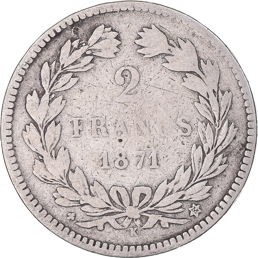 Coin, France, Cérès, 2 Francs, 1871, Bordeaux, VF(20-25), Silver, KM:816.2