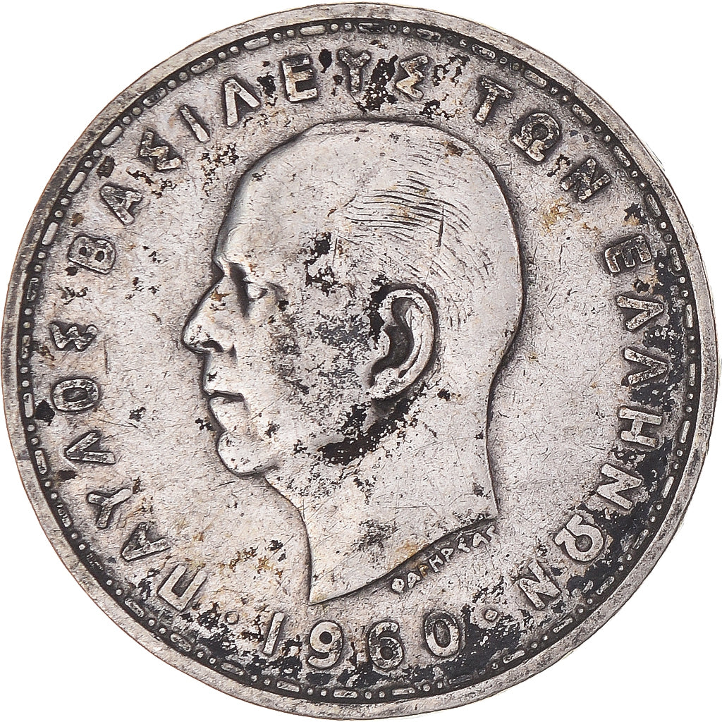 Moneda, Grecia, Paul I, 20 Drachmai, 1960, MBC, Plata, KM:85