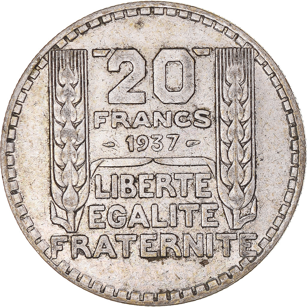 Moeda, França, Turin, 20 Francs, 1937, Paris, EF(40-45), Prata, KM:879