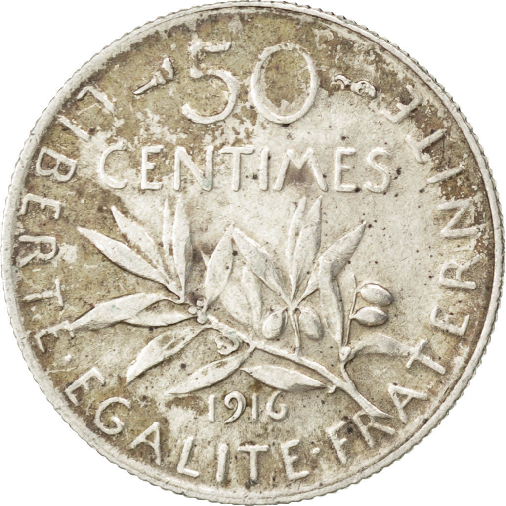 Moneta, Francia, Semeuse, 50 Centimes, 1916, BB+, Argento, KM:854, Gadoury:420