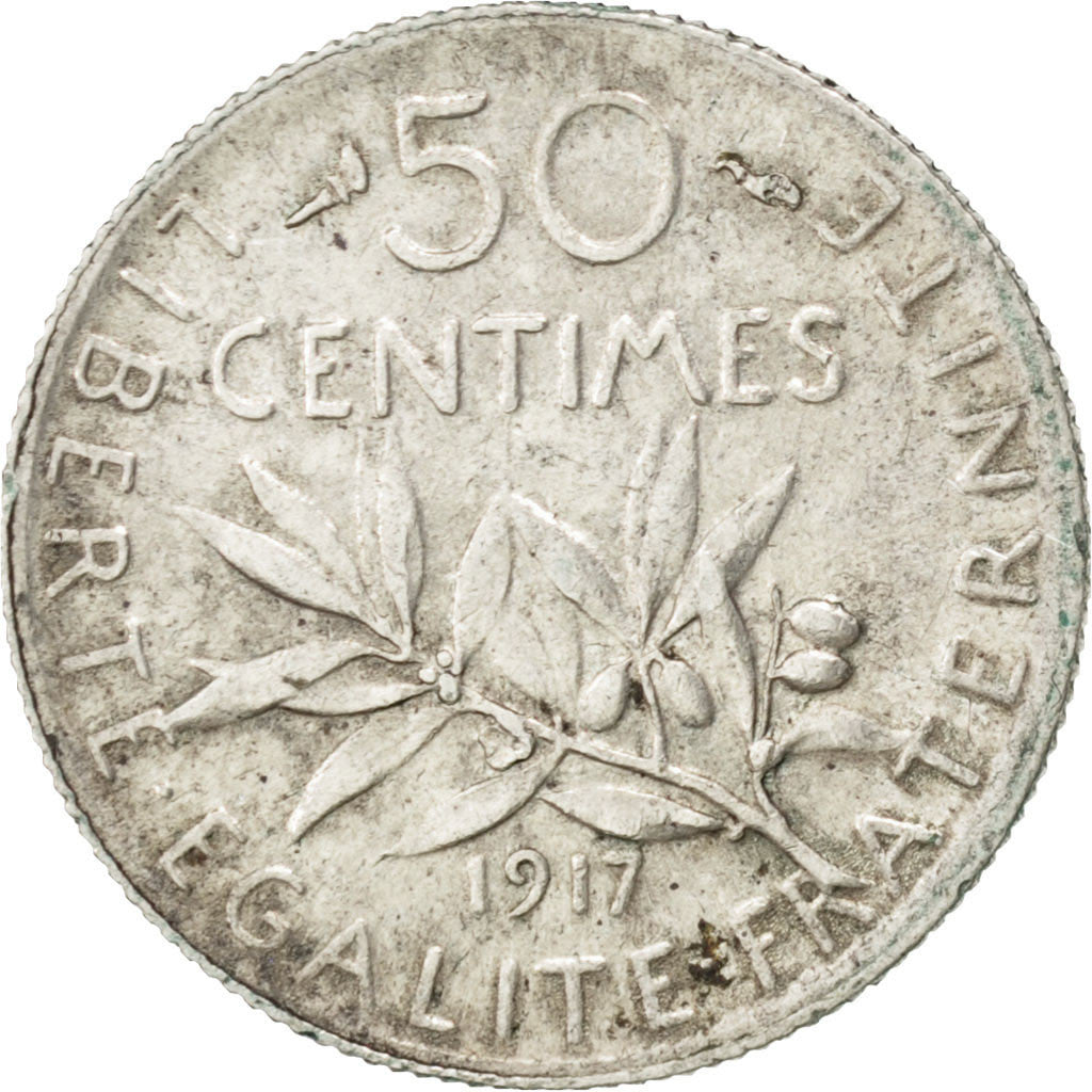 Coin, France, Semeuse, 50 Centimes, 1917, EF(40-45), Silver, KM:854, Gadoury:420
