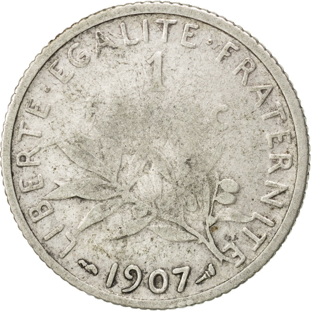 Moneda, Francia, Semeuse, Franc, 1907, BC, Plata, KM:844.1, Gadoury:467