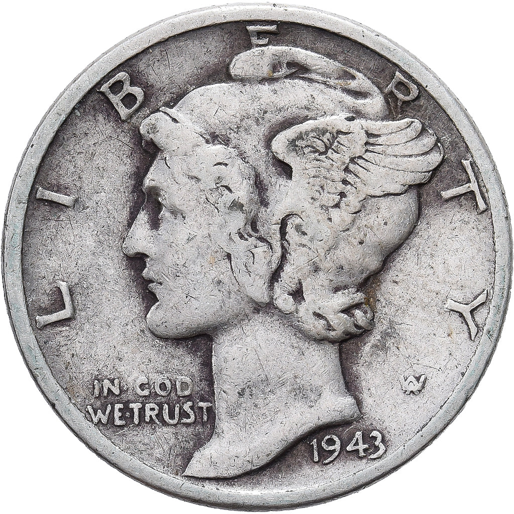 United States, Mercury Dime, Dime, 1943, Philadelphia, VF(30-35), Silver, KM:140
