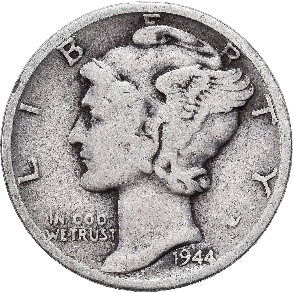 United States, Mercury Dime, Dime, 1944, Philadelphia, VF(20-25), Silver, KM:140