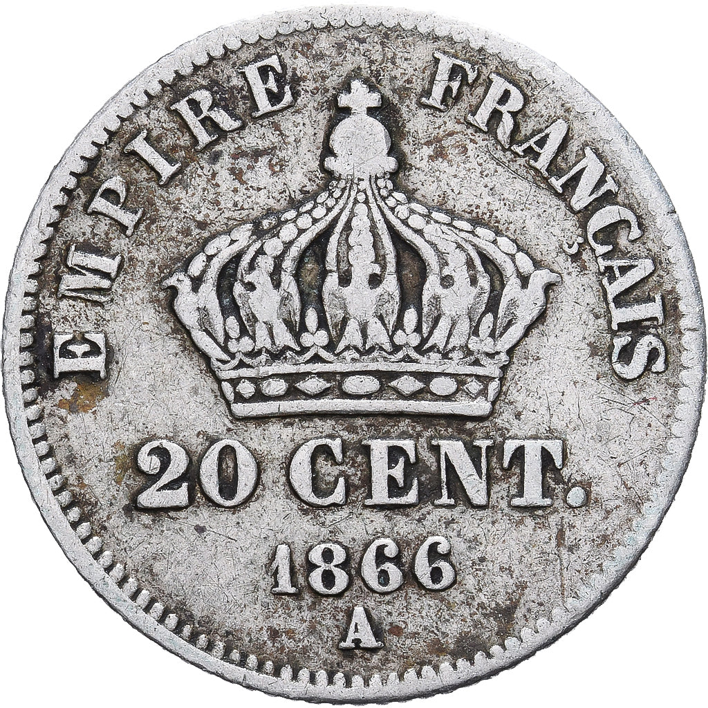 Moneta, Francja, Napoleon III, 20 Centimes, 1866, Paris, VF(20-25), Srebro