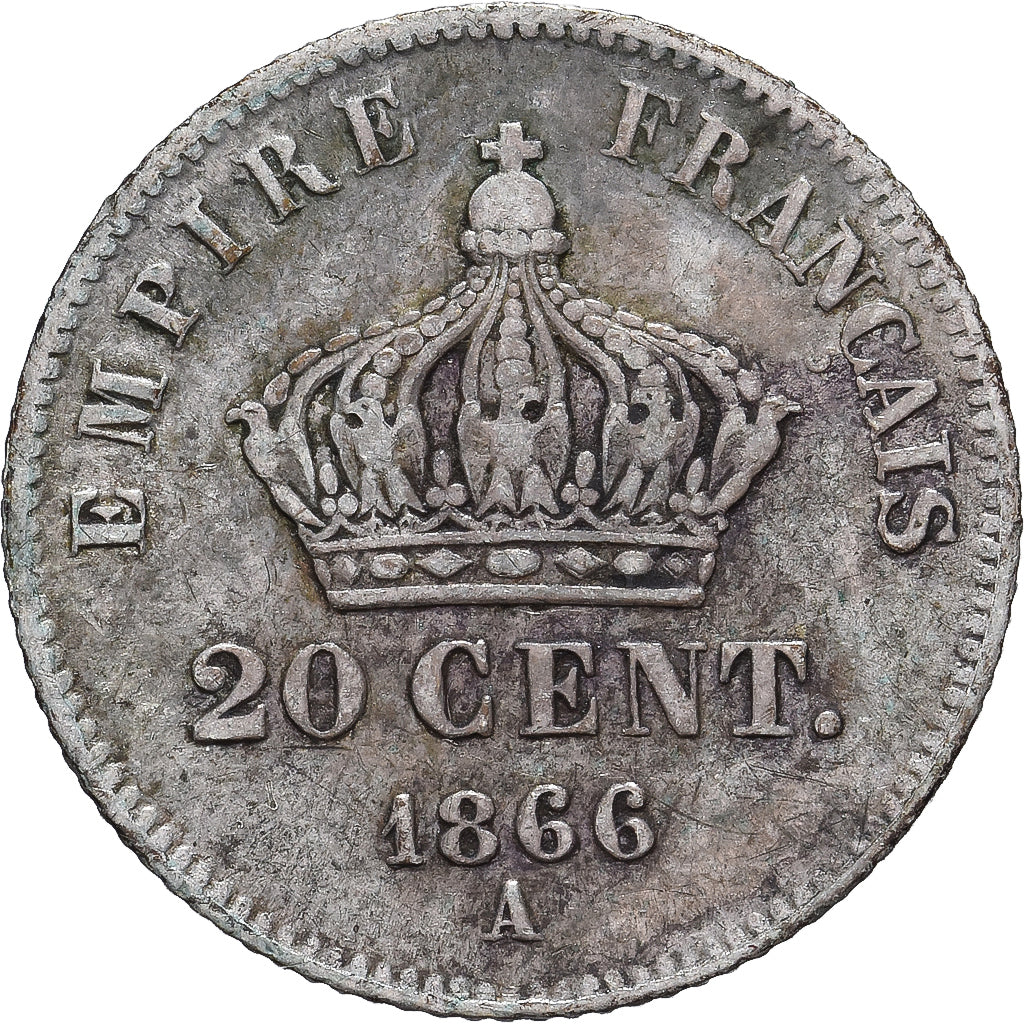 Moneda, Francia, Napoleon III, 20 Centimes, 1866, Paris, BC+, Plata, KM:805.1