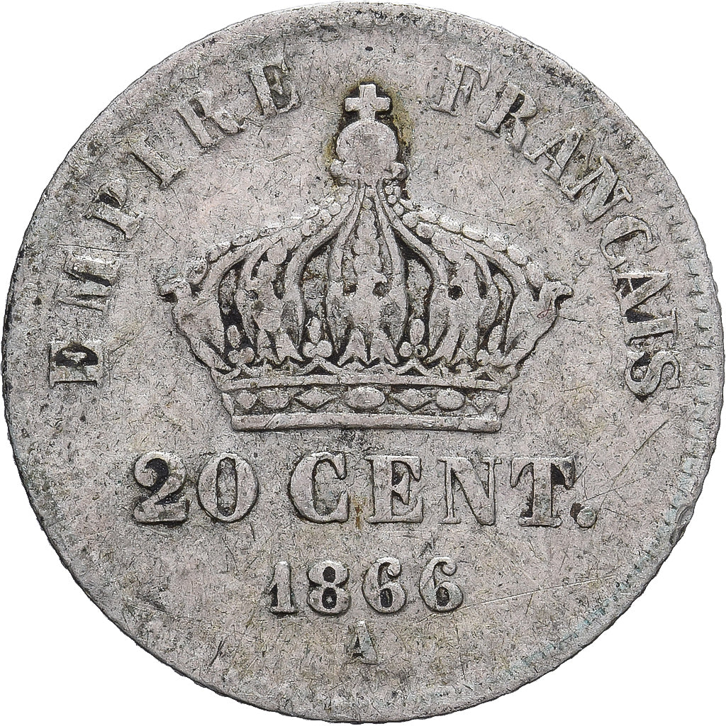 Moneta, Francja, Napoleon III, 20 Centimes, 1866, Paris, VF(20-25), Srebro