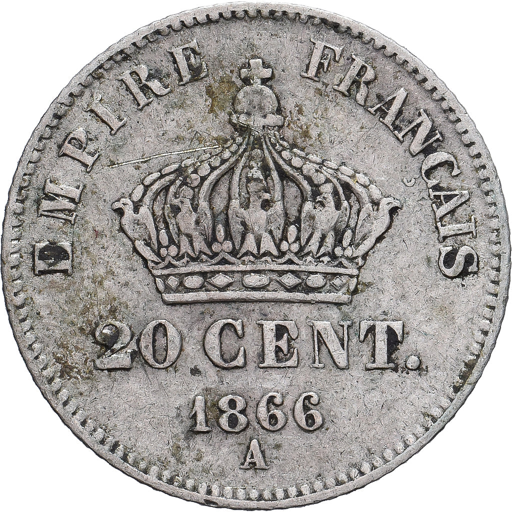 Moneta, Francia, Napoleon III, 20 Centimes, 1866, Paris, MB+, Argento, KM:805.1