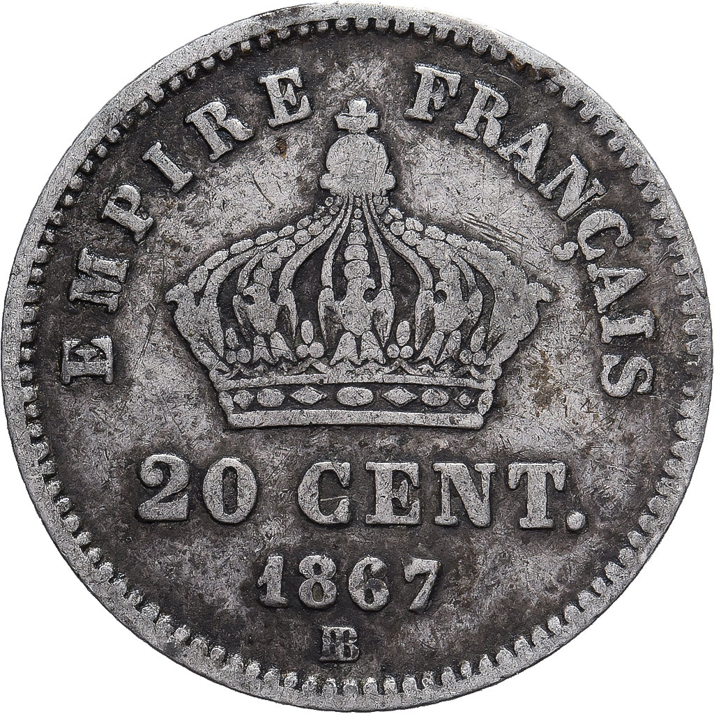 Moneta, Francja, Napoleon III, 20 Centimes, 1867, Strasbourg, VF(20-25), Srebro