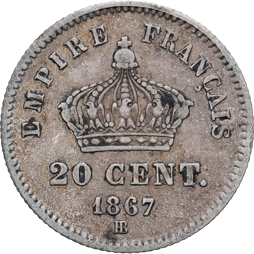 Münze, Frankreich, Napoleon III, 20 Centimes, 1867, Strasbourg, S+, Silber