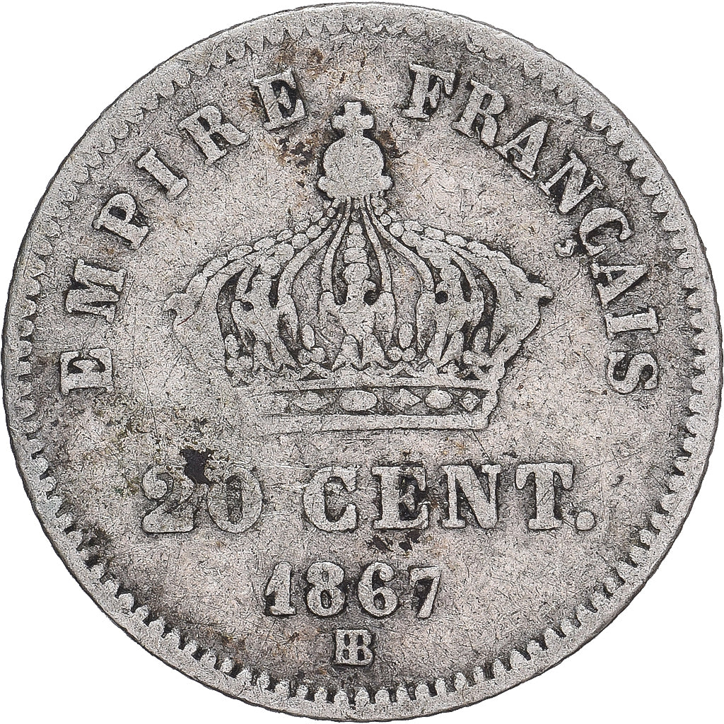 Coin, France, Napoleon III, 20 Centimes, 1867, Strasbourg, F(12-15), Silver