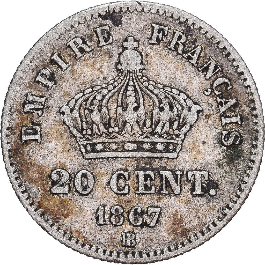 Moneta, Francja, Napoleon III, 20 Centimes, 1867, Strasbourg, VF(20-25), Srebro