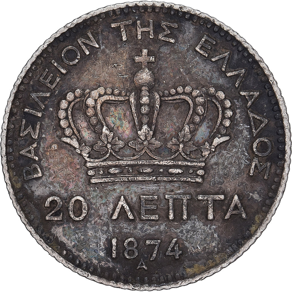 Moneda, Grecia, George I, 20 Lepta, 1874, Paris, MBC+, Plata, KM:44