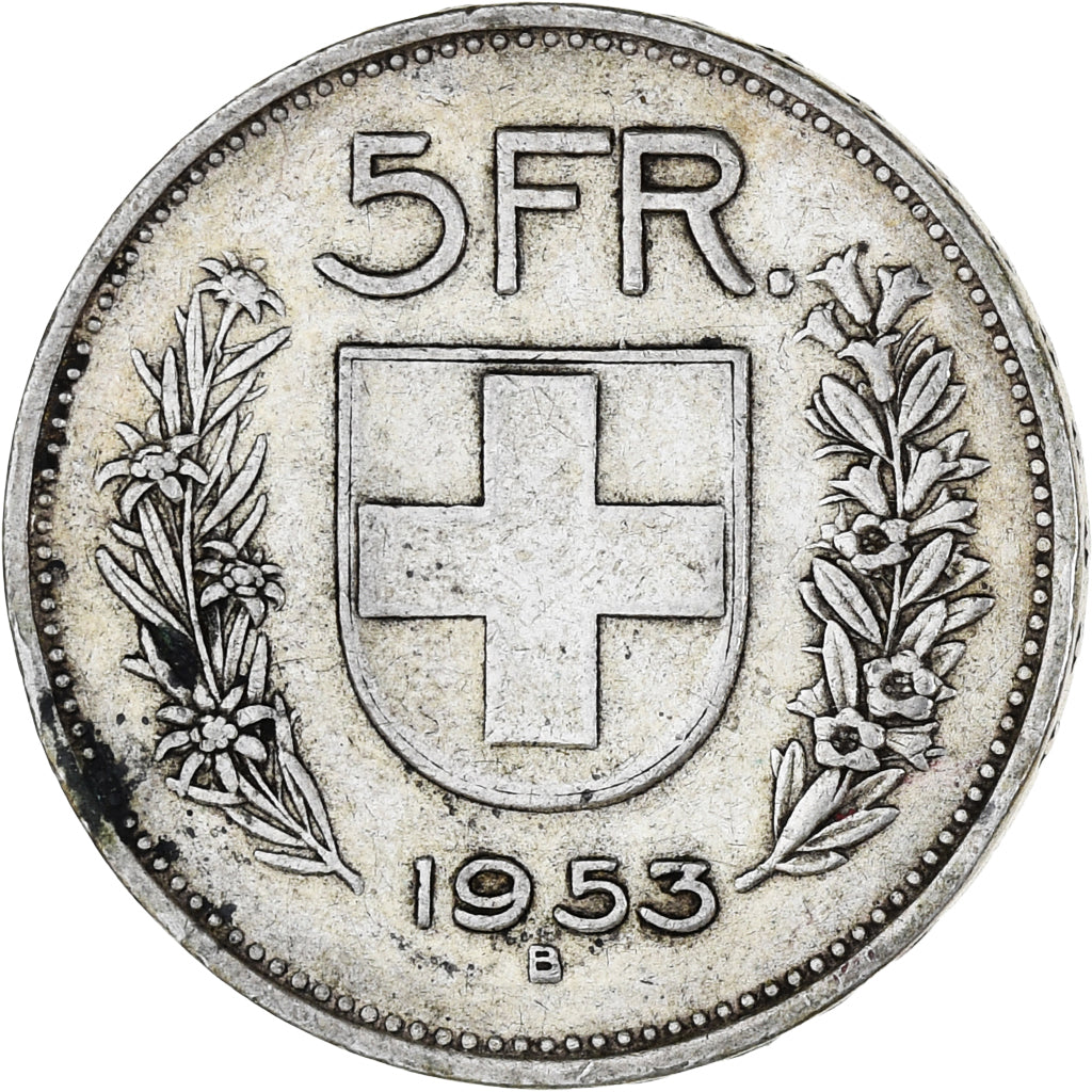 Moeda, Suíça, 5 Francs, 1953, Bern, EF(40-45), Prata, KM:40
