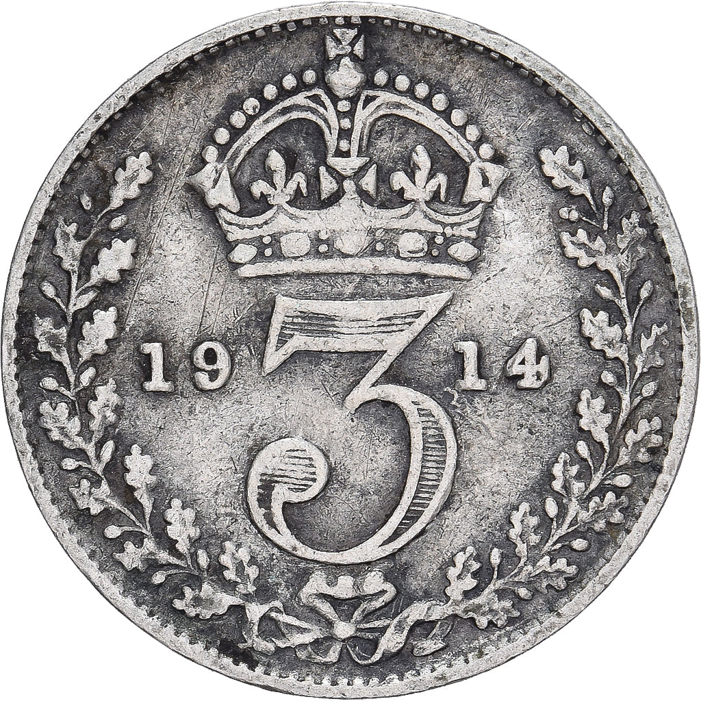 Moneda, Gran Bretaña, George V, 3 Pence, 1914, BC+, Plata, KM:813