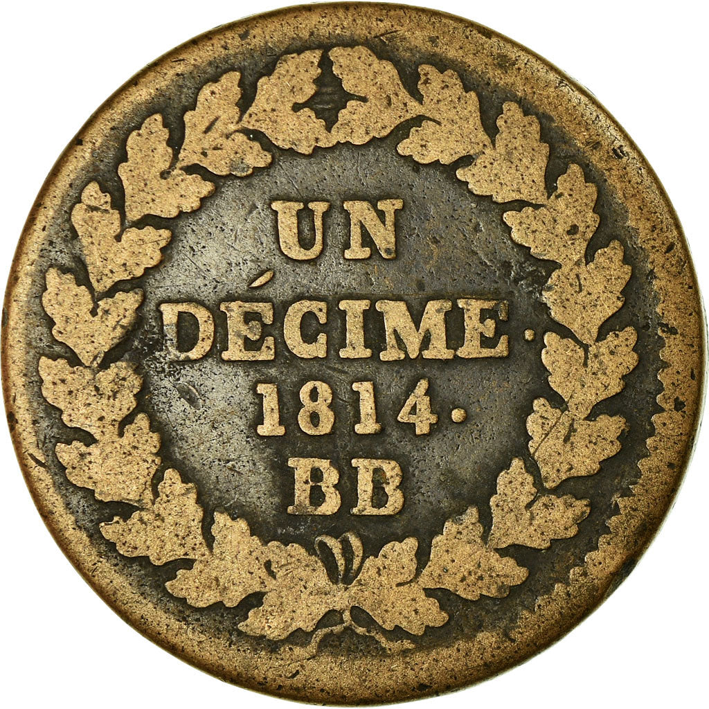 Munten, Frankrijk, Louis XVIII, Decime, 1814, Strasbourg, FR+, Bronze, KM:701