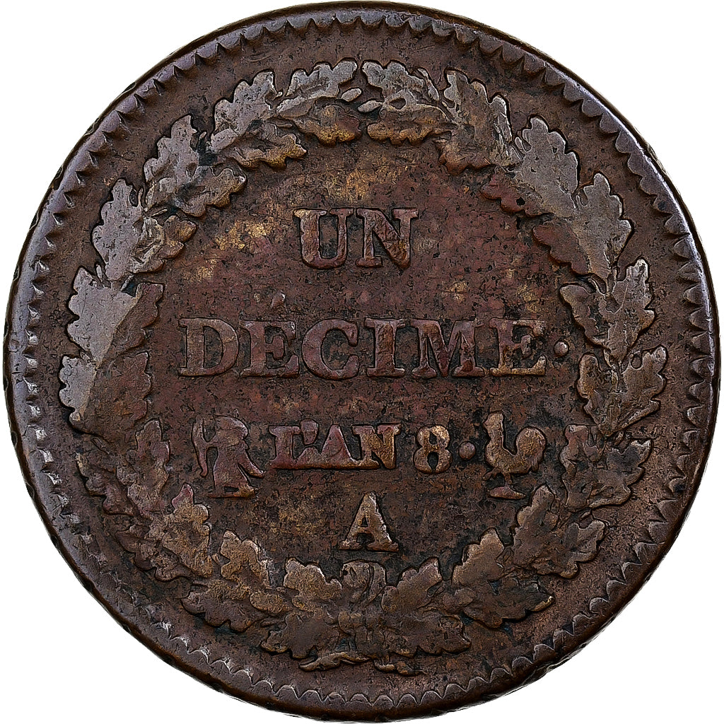 France, 1 Décime, Dupré, AN 8, Paris, with É, Copper, VF(20-25)