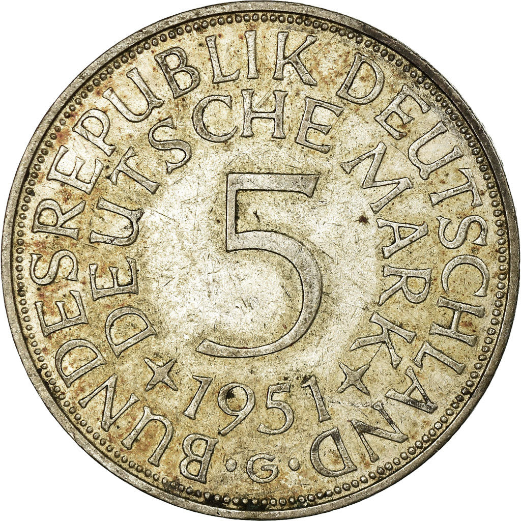 Coin, GERMANY - FEDERAL REPUBLIC, 5 Mark, 1951, Karlsruhe, AU(50-53), Silver