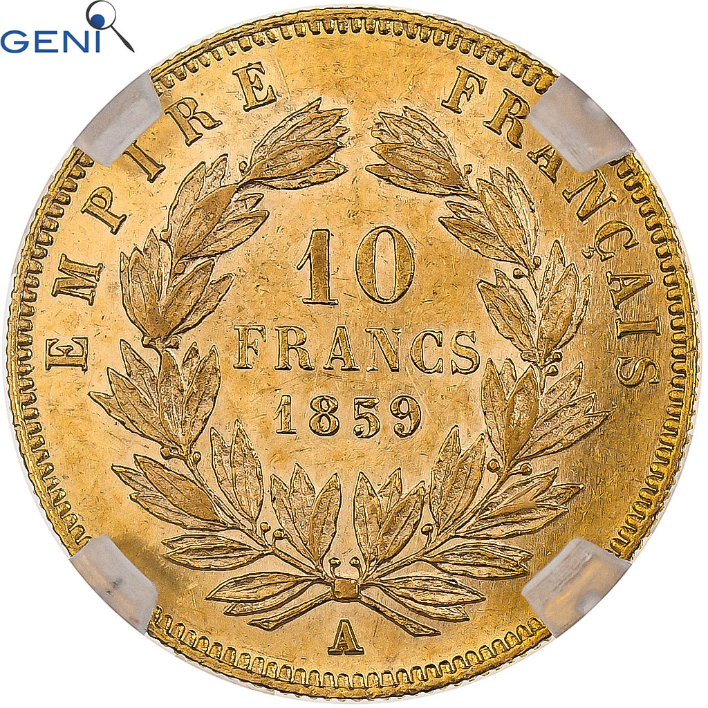 França, Napoleon III, 10 Francs, 1859, Paris, Dourado, GENI, MS62