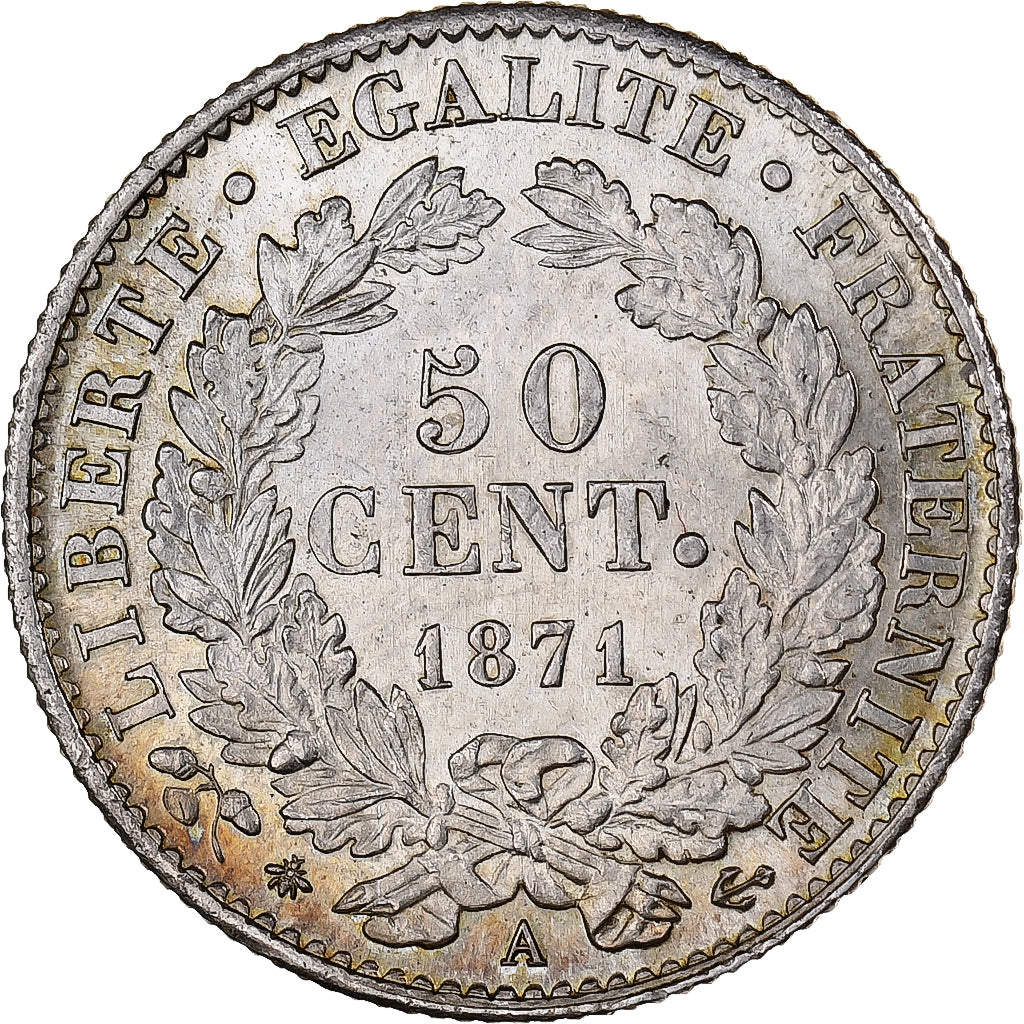 France, 50 Centimes, Cérès, 1871, Paris, Silver, MS(60-62), Gadoury:419