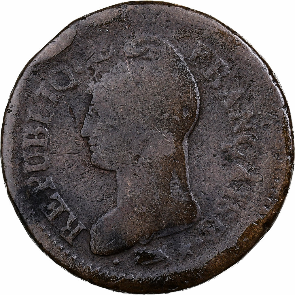 France, Décime, Dupré, AN 8, Metz, Obverse of the 5 Centimes, Copper, VF(20-25)
