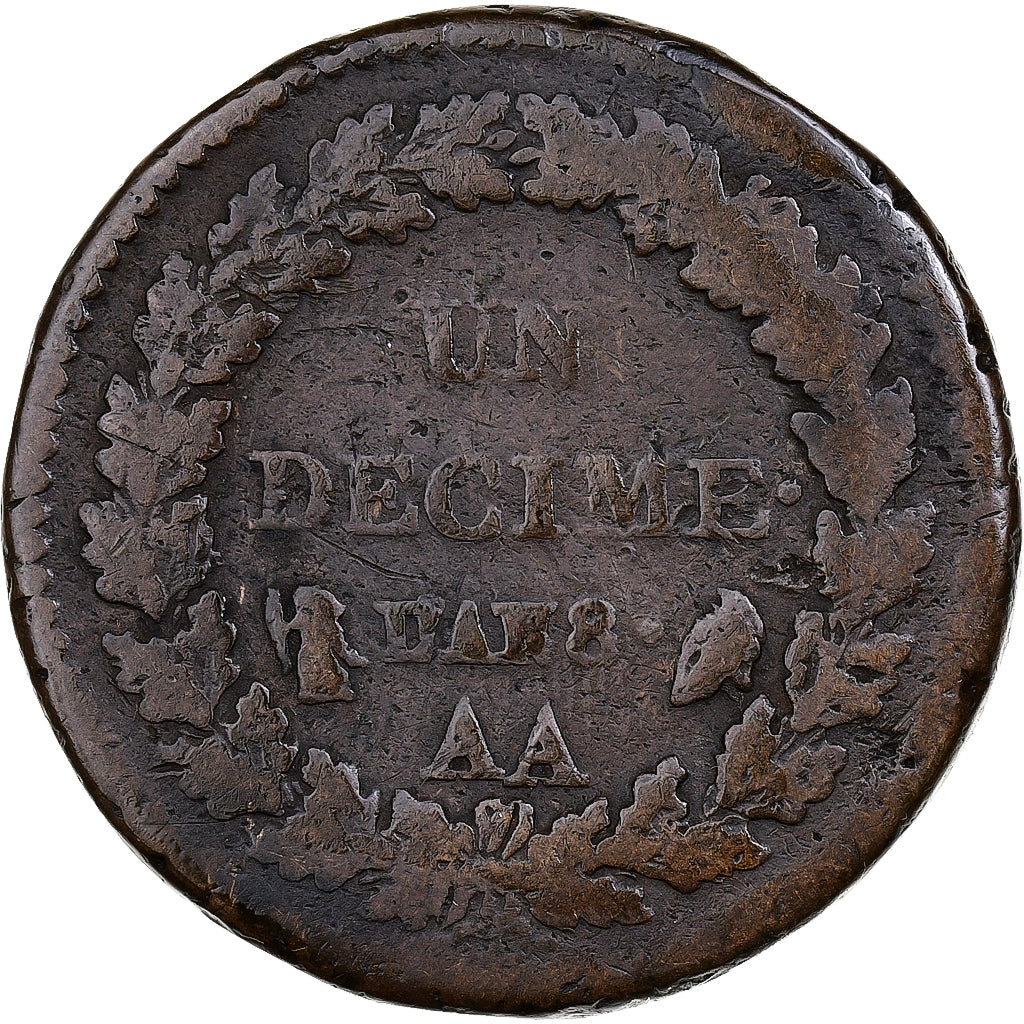 France, Décime, Dupré, AN 8, Metz, Obverse of the 5 Centimes, Copper, VF(20-25)