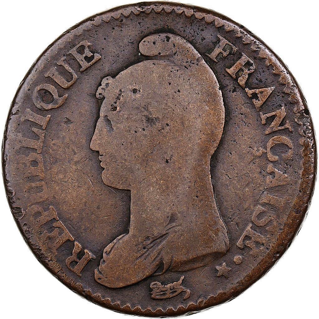 France, Décime, Dupré, AN 5, Paris, Modification du 2 décimes, Cuivre, TB