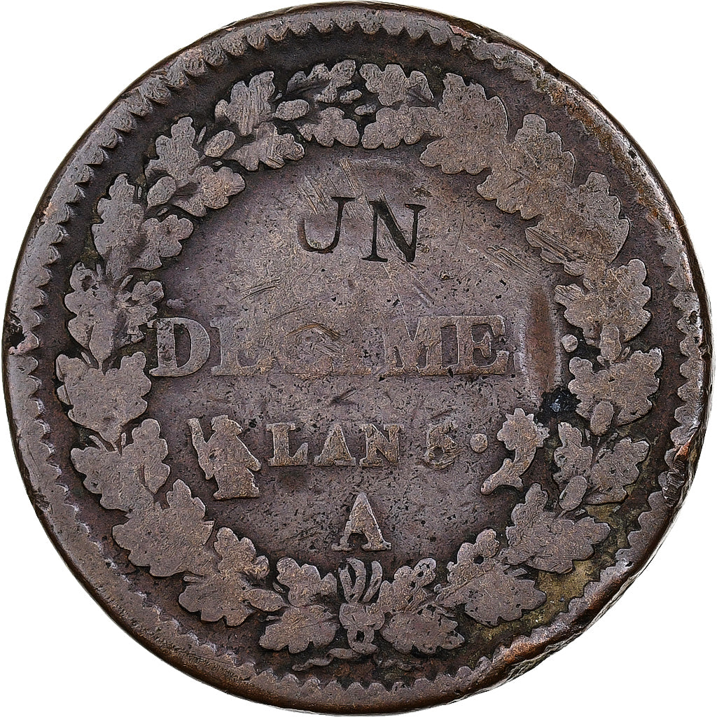 France, Décime, Dupré, AN 5, Paris, Modification du 2 décimes, Cuivre, TB
