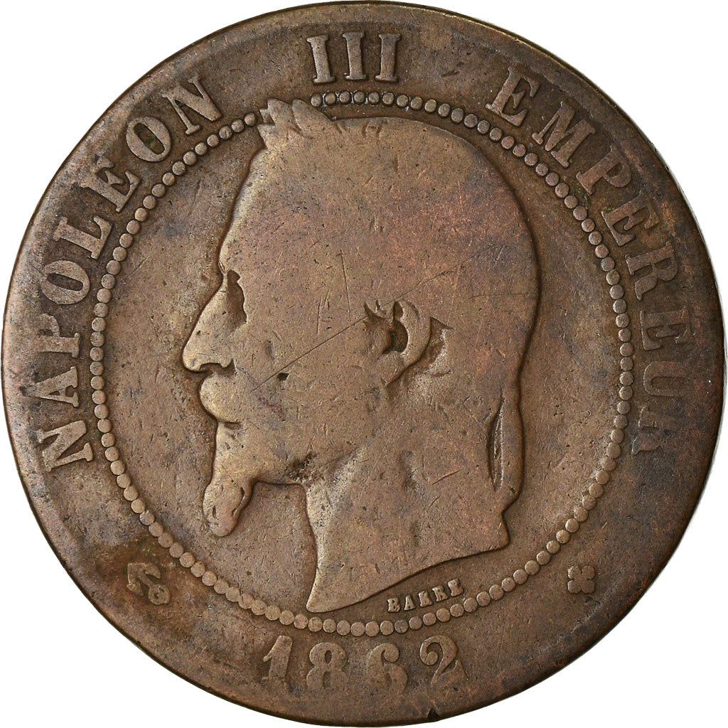 Moneda, Francia, Napoleon III, 10 Centimes, 1862, Strasbourg, BC, Bronce