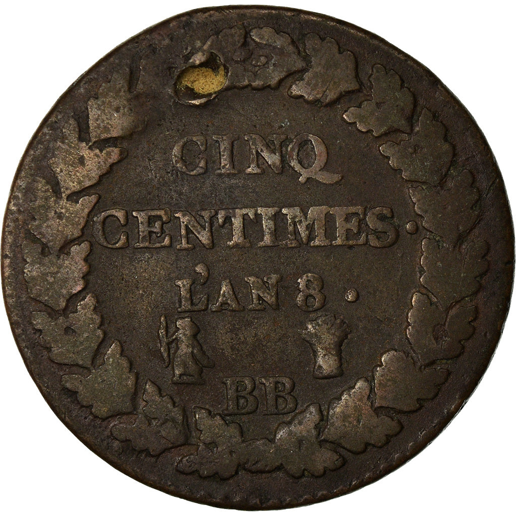 Moneta, Francia, Dupré, 5 Centimes, AN 8, Strasbourg, MB, Bronzo, KM:640.4