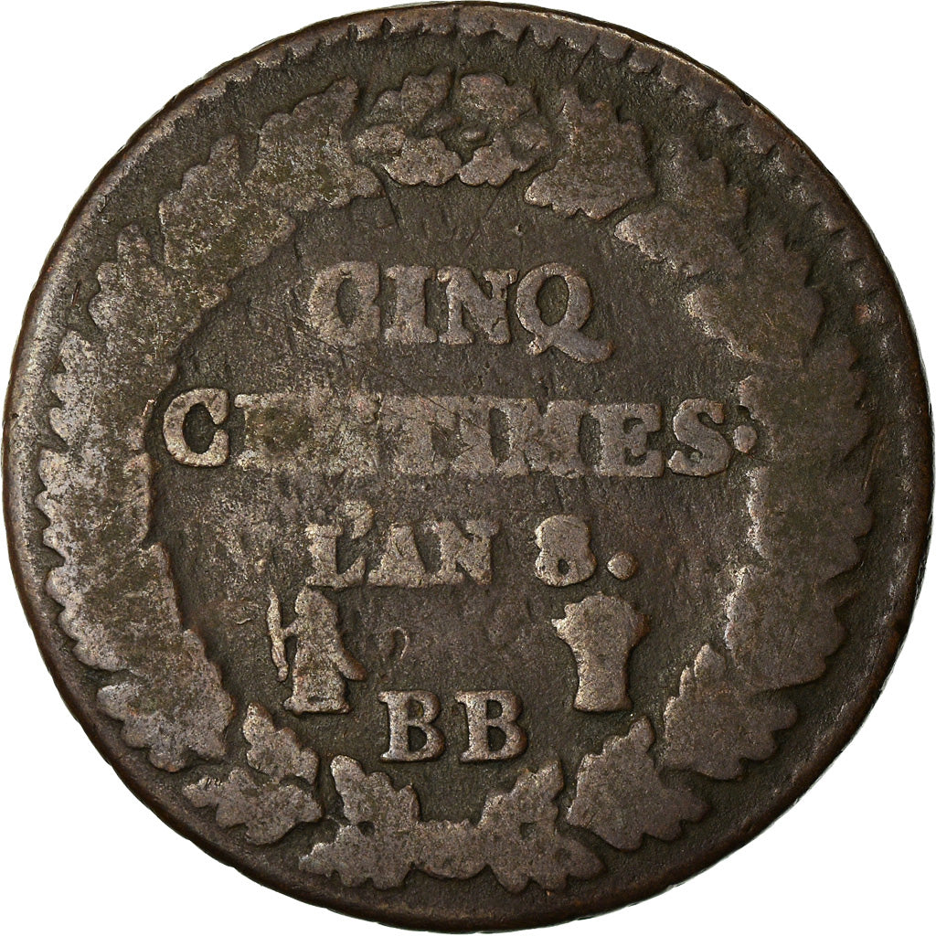 Coin, France, Dupré, 5 Centimes, AN 8, Strasbourg, VF(20-25), Bronze, KM:640.4
