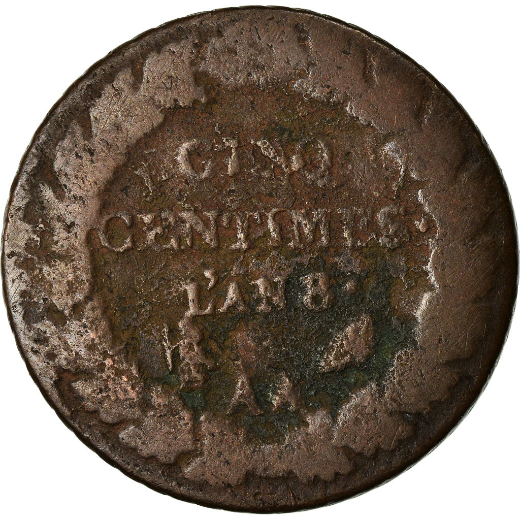 Moneta, Francia, Dupré, 5 Centimes, AN 8, Metz, B+, Bronzo, KM:640.2, Le