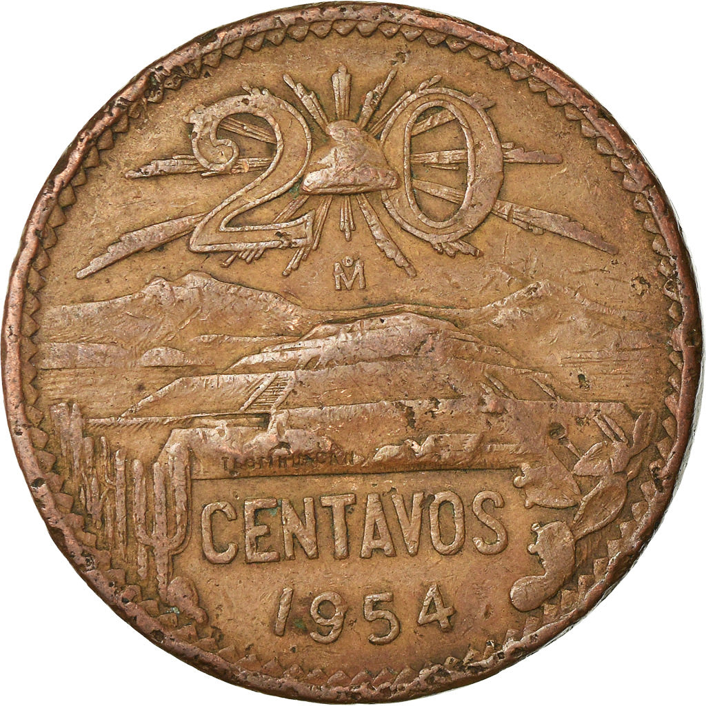 Coin, Mexico, 20 Centavos, 1954, Mexico City, EF(40-45), Bronze, KM:439