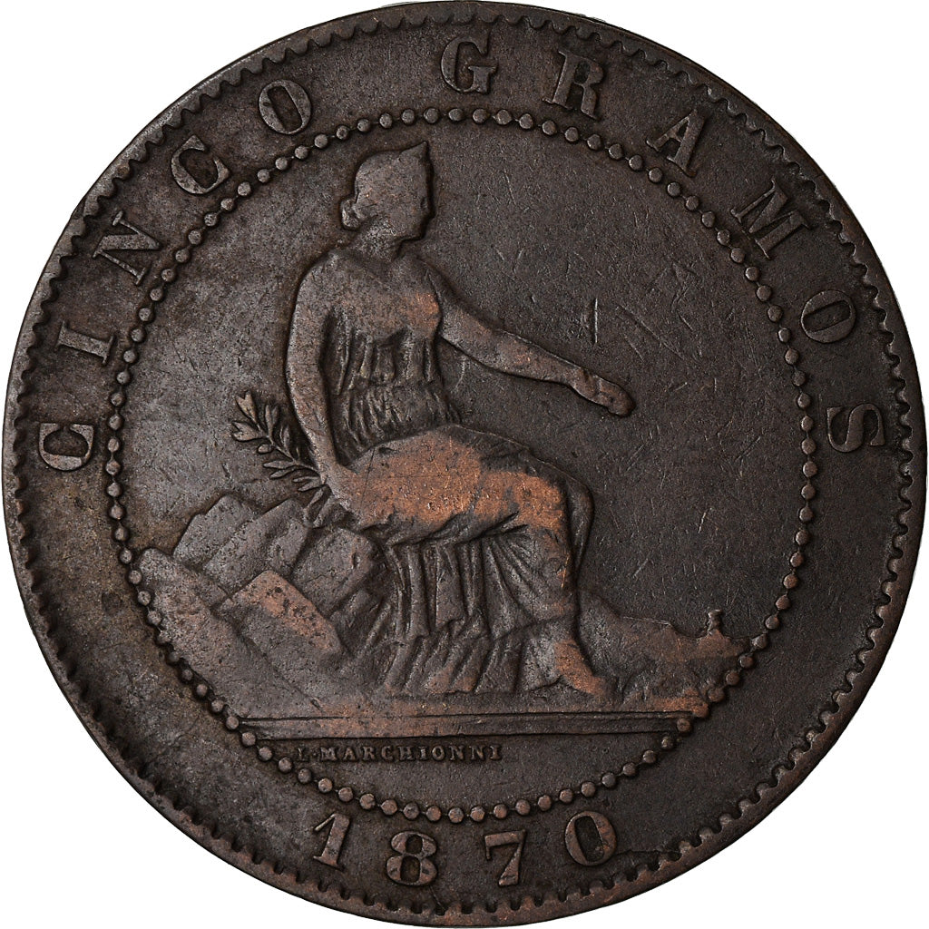 Münze, Spanien, Provisional Government, 5 Centimos, 1870, Barcelona, SS