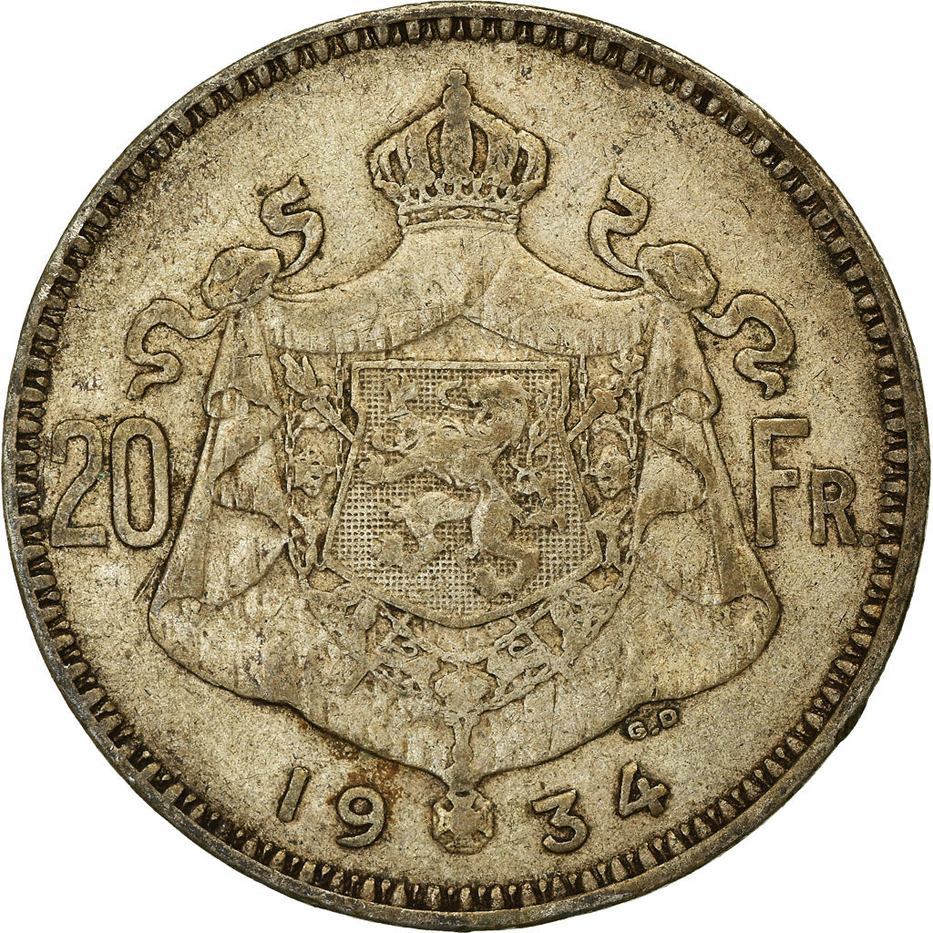 Moneta, Belgio, Albert I, 20 Francs, 20 Frank, 1934, MB+, Argento, KM:104.1