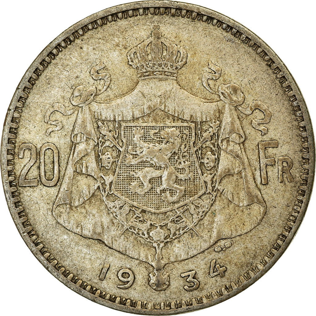 Coin, Belgium, Albert I, 20 Francs, 20 Frank, 1934, VF(30-35), Silver, KM:104.1