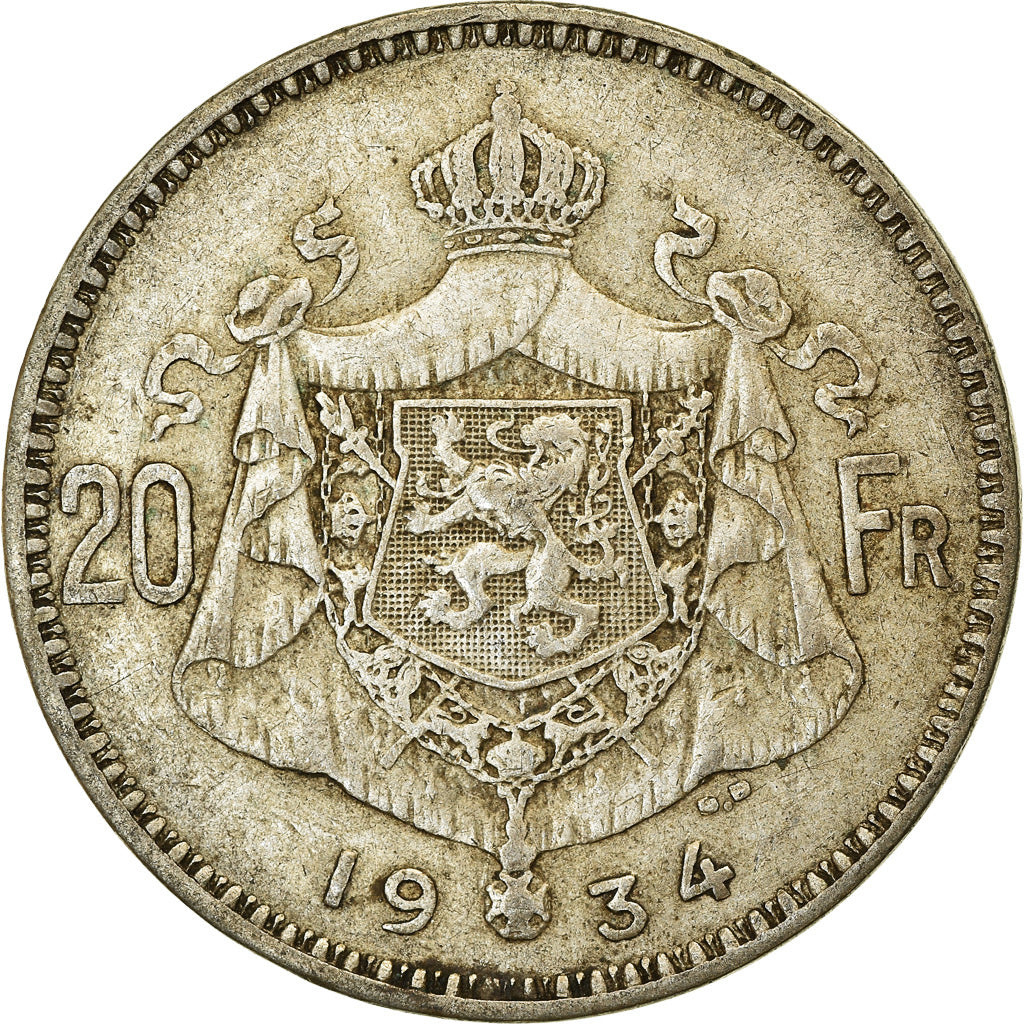 Münze, Belgien, Albert I, 20 Francs, 20 Frank, 1934, SS, Silber, KM:104.1