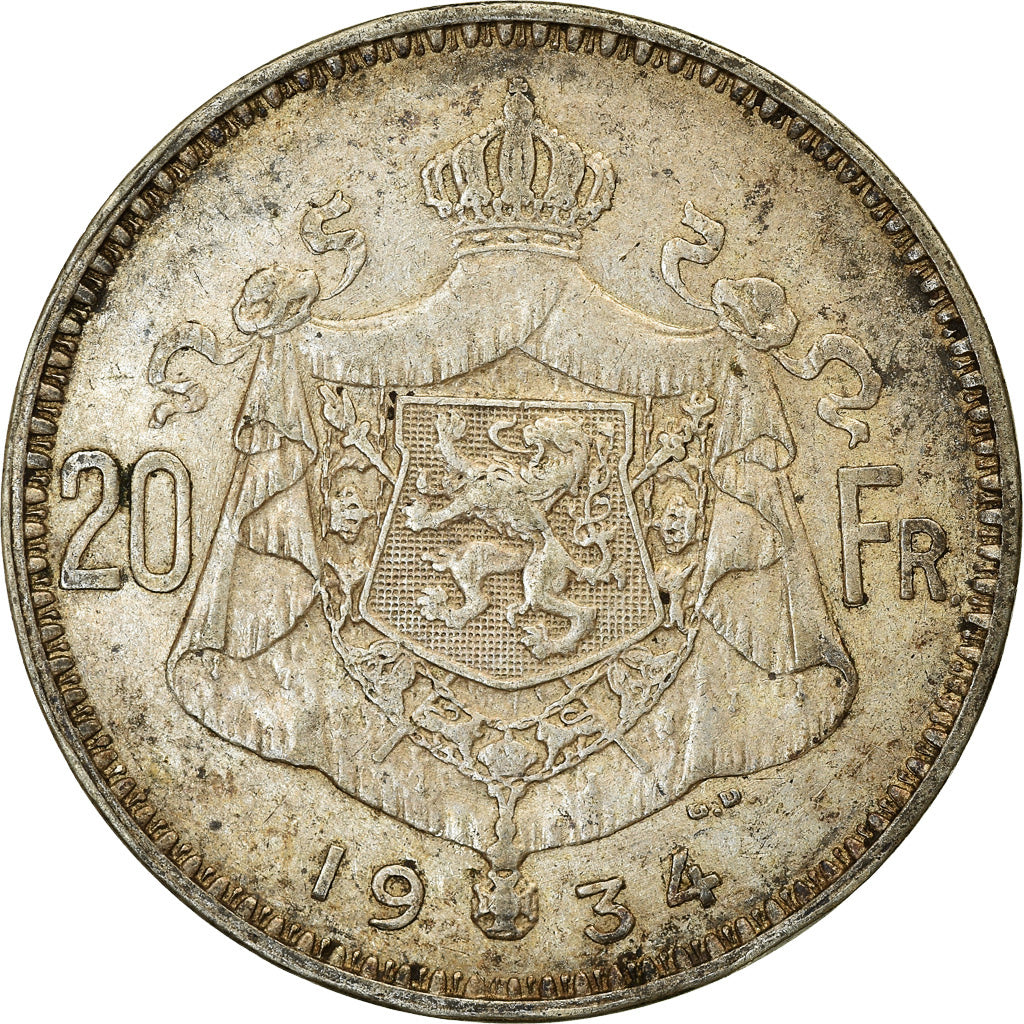 Coin, Belgium, Albert I, 20 Francs, 20 Frank, 1934, EF(40-45), Silver, KM:104.1
