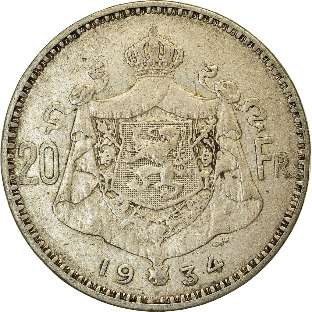 Moneda, Bélgica, 20 Francs, 20 Frank, 1934, BC+, Plata, KM:103.1