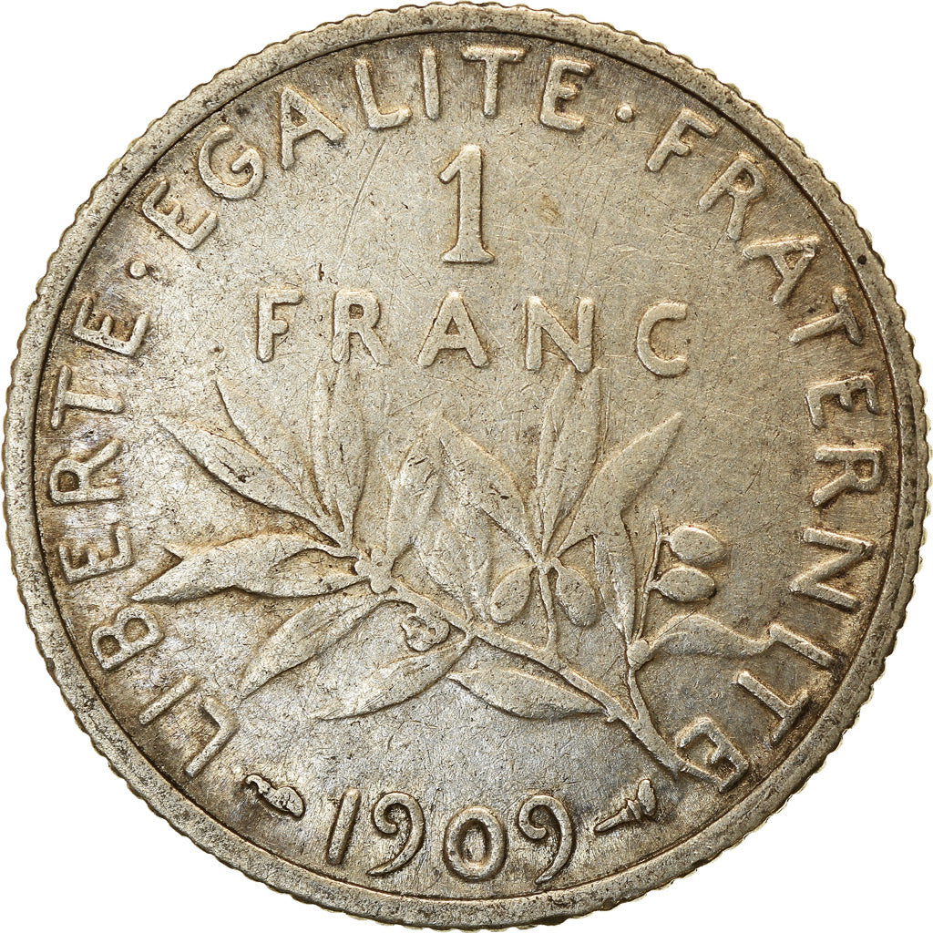 Moneda, Francia, Semeuse, Franc, 1909, Paris, BC+, Plata, KM:844.1, Gadoury:467
