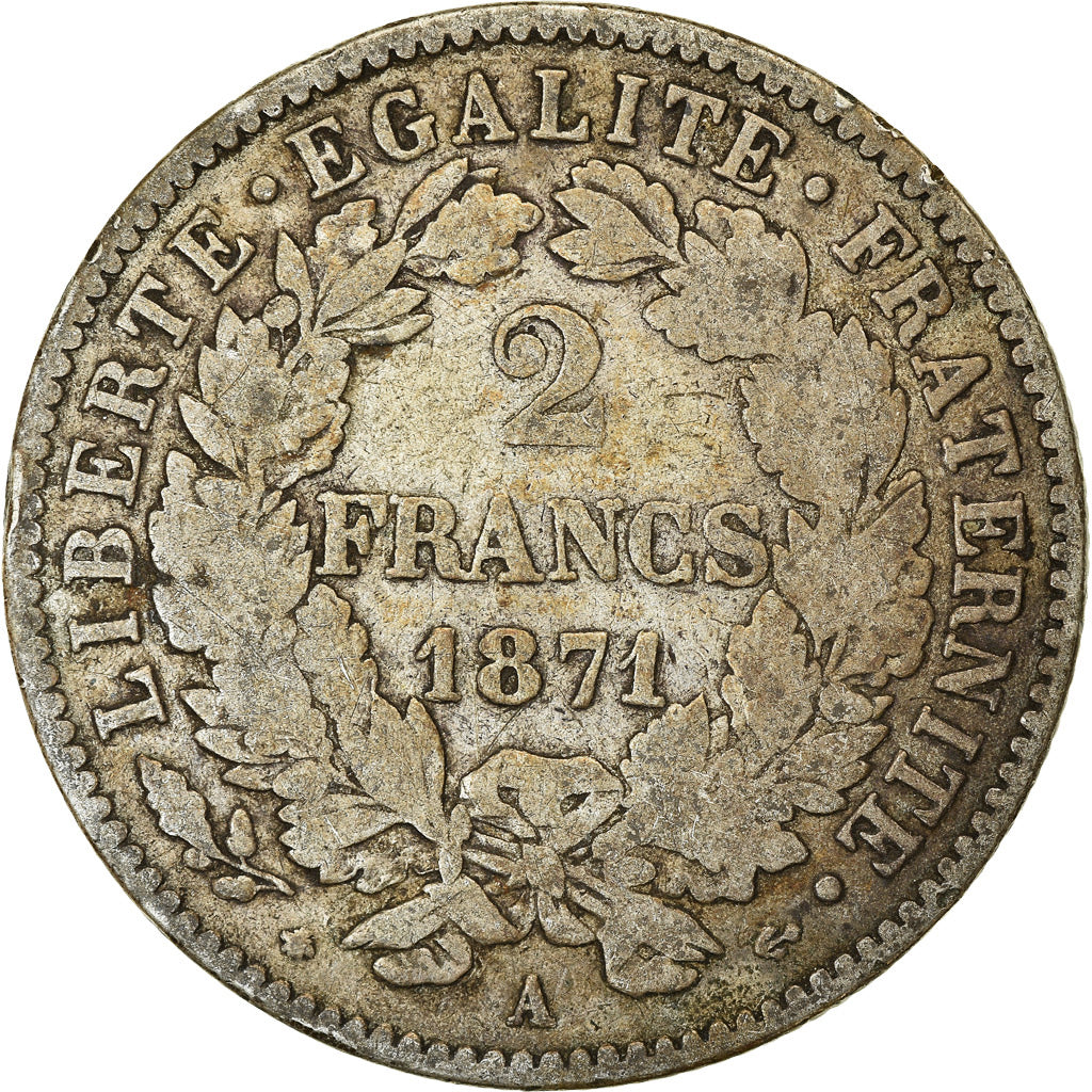 Coin, France, Cérès, 2 Francs, 1871, Paris, VF(20-25), Silver, KM:817.1