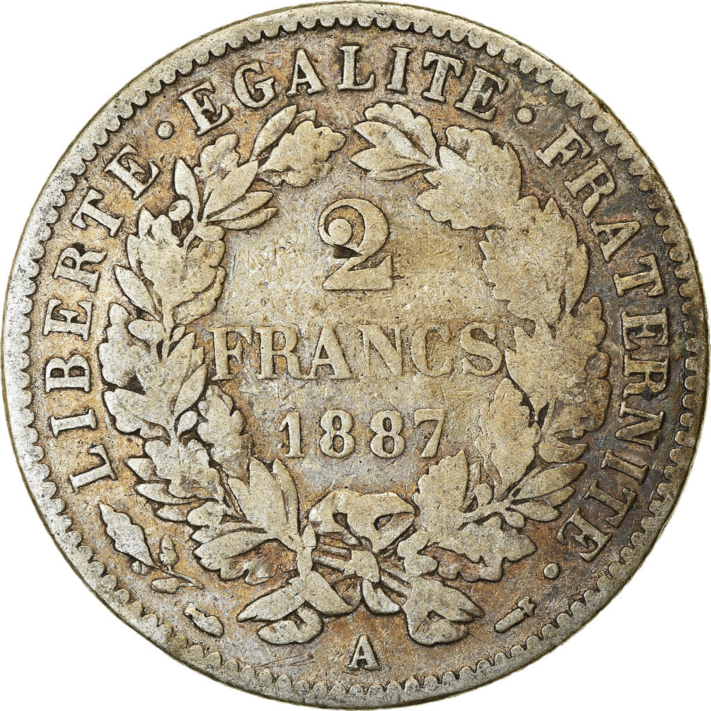 Coin, France, Cérès, 2 Francs, 1887, Paris, VF(20-25), Silver, KM:817.1
