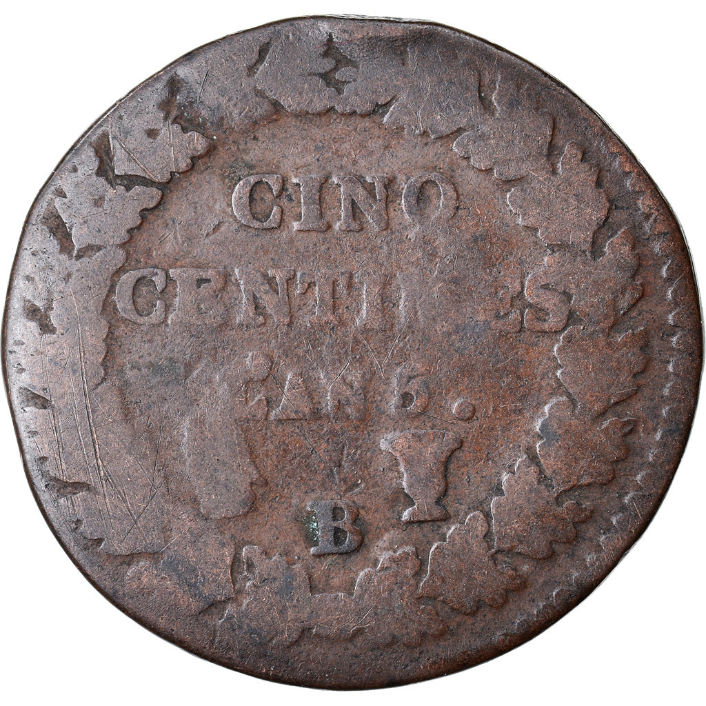 Moeda, França, Dupré, 5 Centimes, AN 5, Rouen, F(12-15), Bronze, KM:640.3, Le