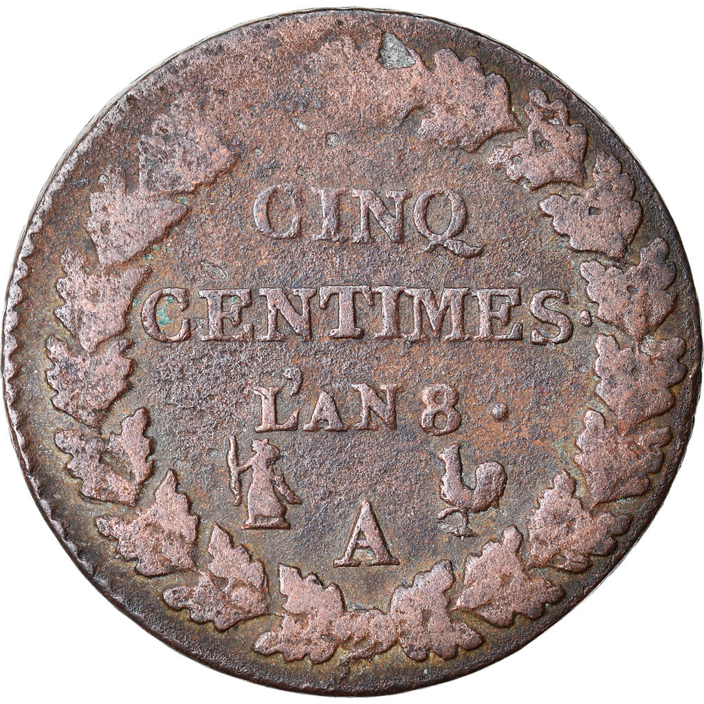 Coin, France, Dupré, 5 Centimes, AN 8, Paris, VF(20-25), Bronze, KM:640.1, Le