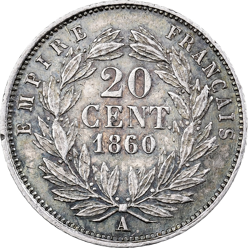 France, Napoléon III, 20 Centimes, 1860, Paris, 6/5, Argent, TTB+, Gadoury:305