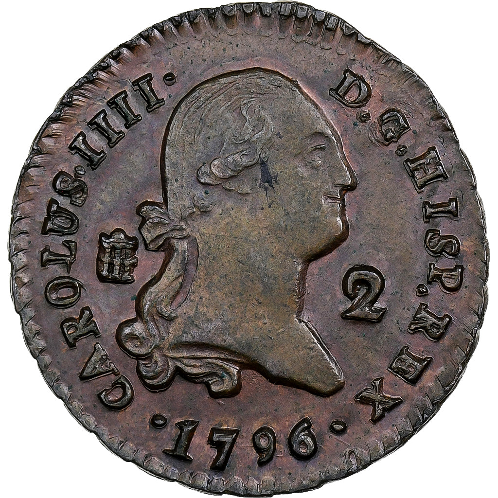 Spain, Charles IV, 2 Maravedis, 1796, Segovia, Copper, MS(63), KM:426