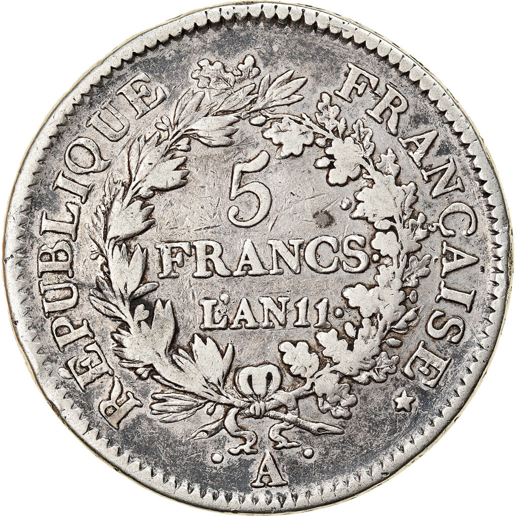 Moeda, França, Union et Force, 5 Francs, AN 11, Paris, VF(30-35), Prata